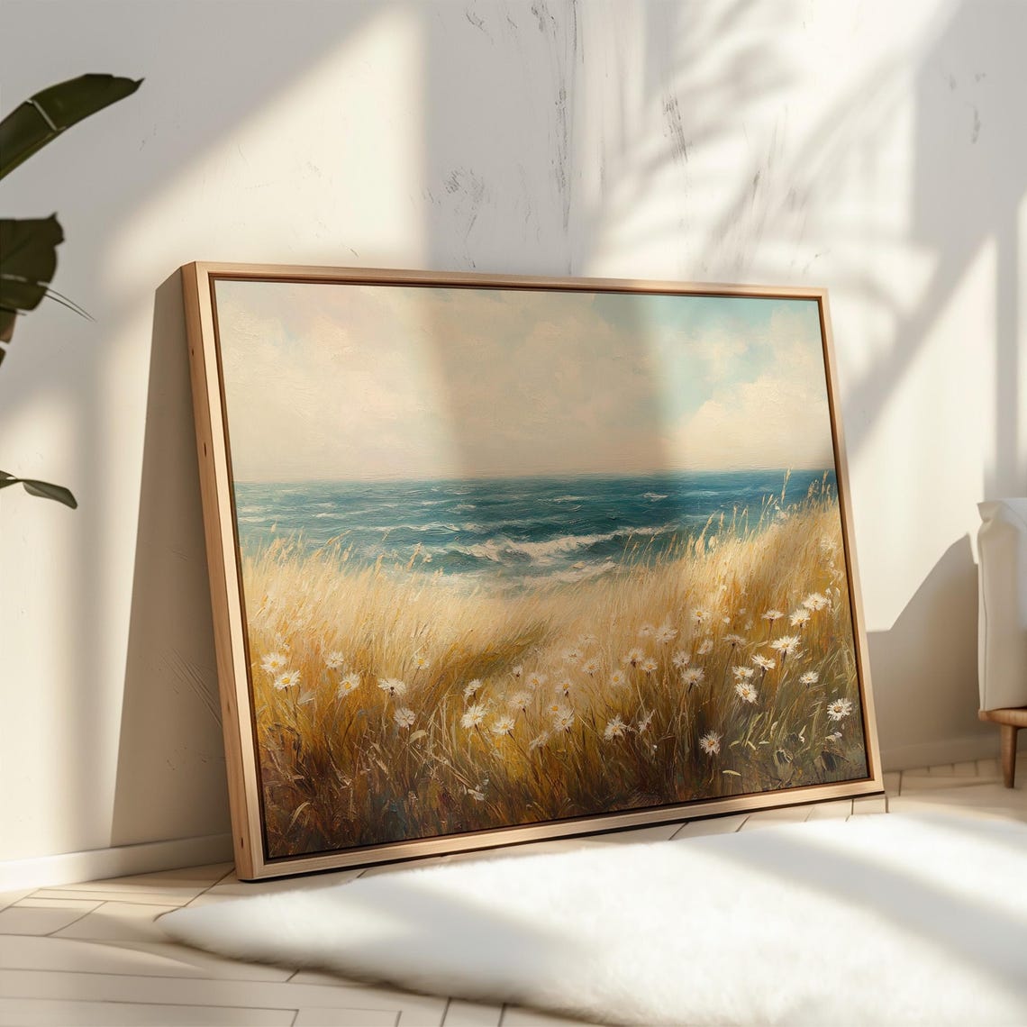 Golden Beach Grasses And White Daisies Windy Ocean Shore Art Poster - Image 4