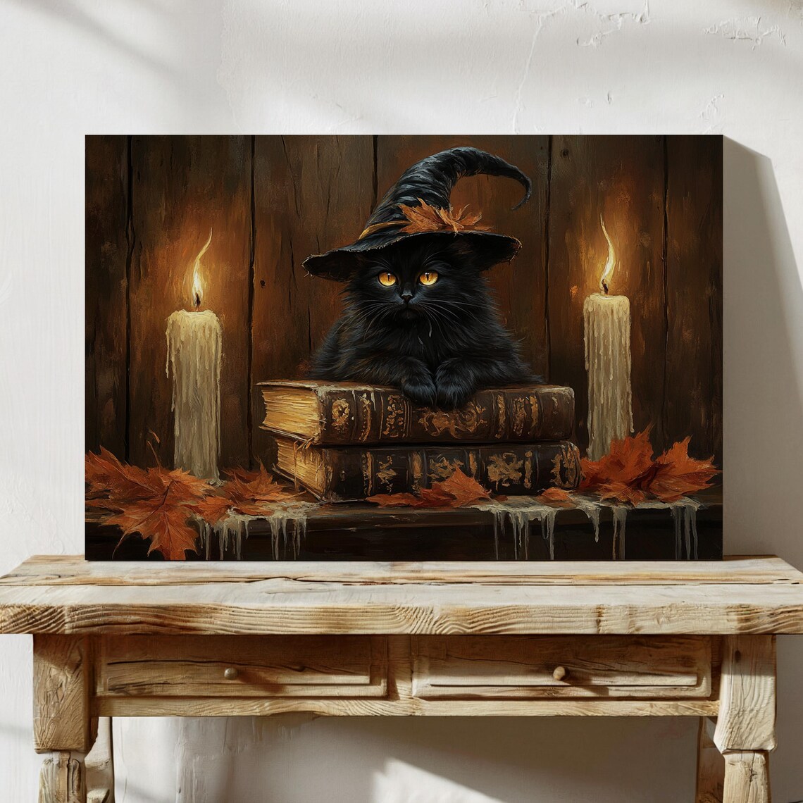 Black Cat Witch Hat Spellbook Candles Dark Wood Gothic Halloween Art - Image 5
