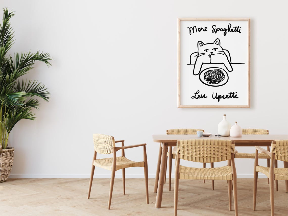 More Spaghetti Less Upsetti Funny Cat Kitchen Line Art Poster - Image 2