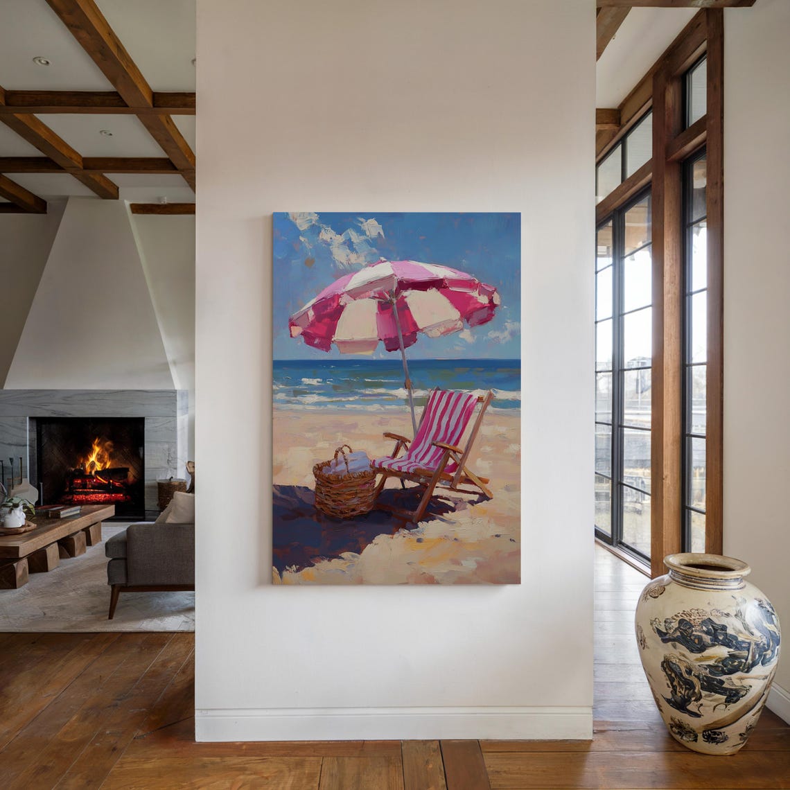 Pink Striped Beach Umbrella Chair Basket Sunny Seaside Art Print - Image 3