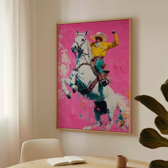 Bold Western Rodeo Art Cowboy On Rearing White Horse Vibrant Pink Background Modern Western Wall Decor Wild West Print