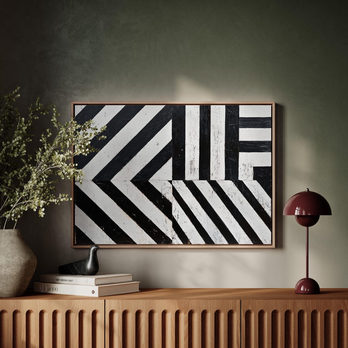 Bold Black And White Abstract Geometric Art With Striking Chevron And Stripe Patterns - Image 2