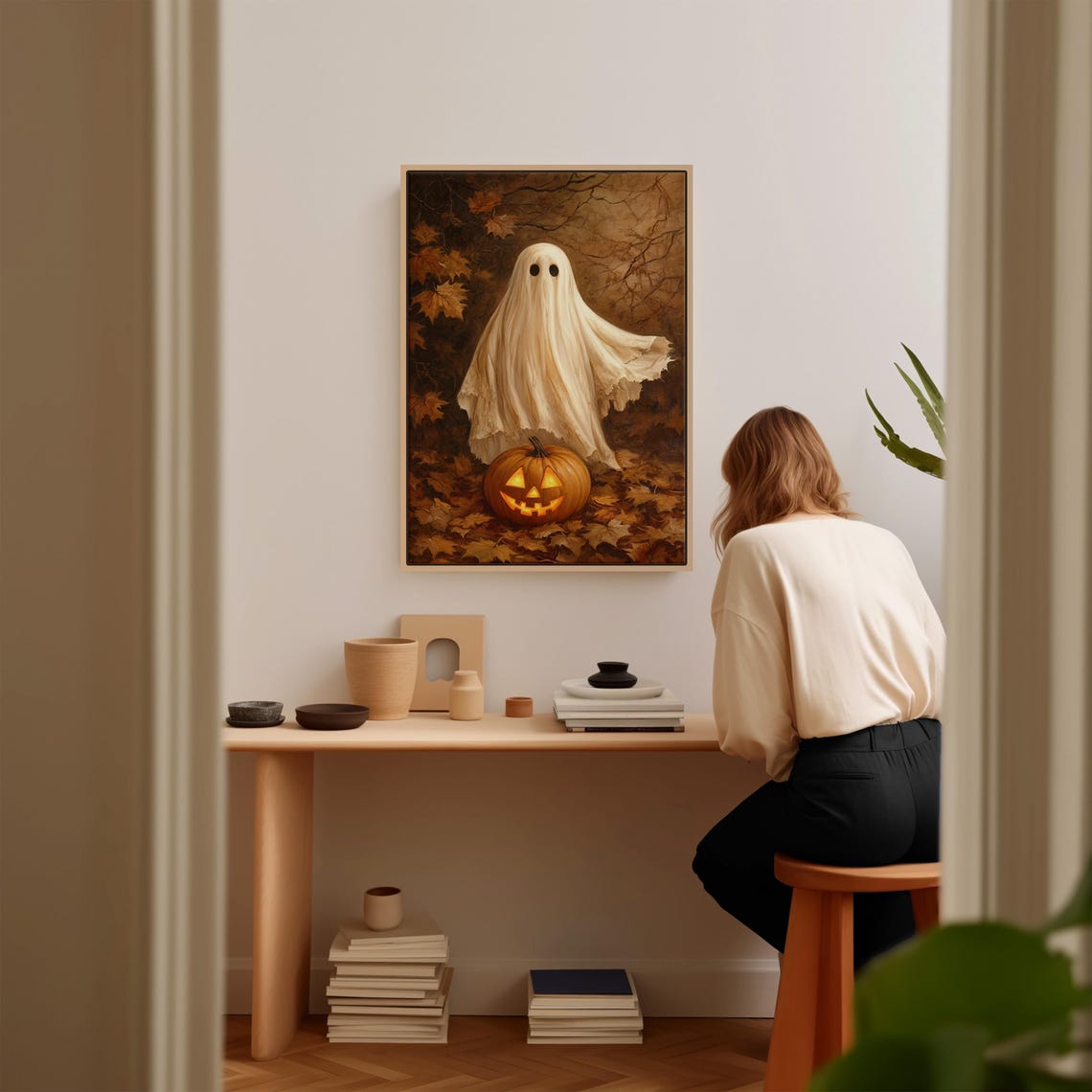 Sheet Ghost With Jack O Lantern Fall Leaves Halloween Wall Art - Image 2