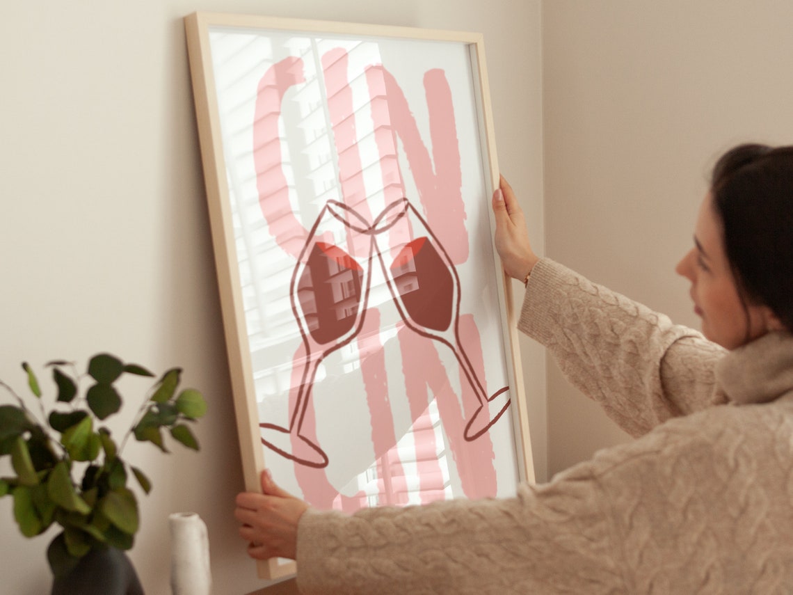 Cin Cin Wine Toast Clinking Glasses Pink Retro Bar Kitchen Poster - Image 2