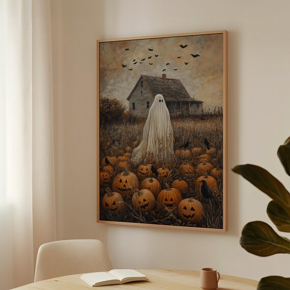 Haunted Ghost In Pumpkin Patch, Spooky Halloween Art Print