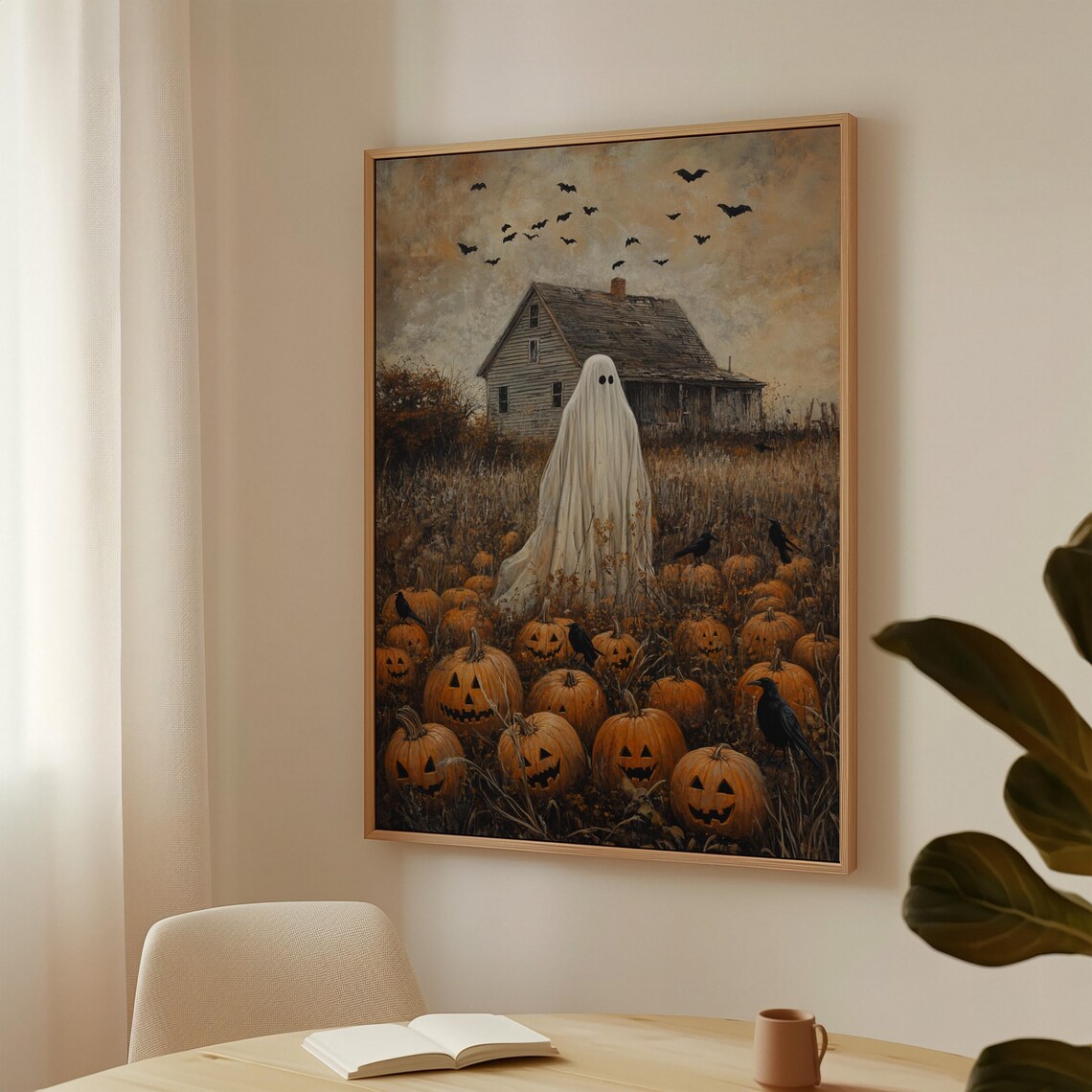 Haunted Ghost In Pumpkin Patch, Spooky Halloween Art Print