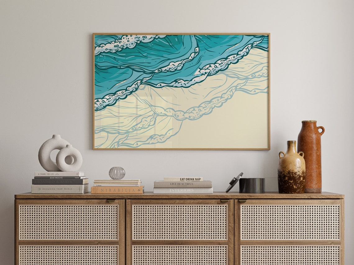 Aerial Teal Ocean Waves Foamy Surf Cream Sand Minimalist Poster - Image 2