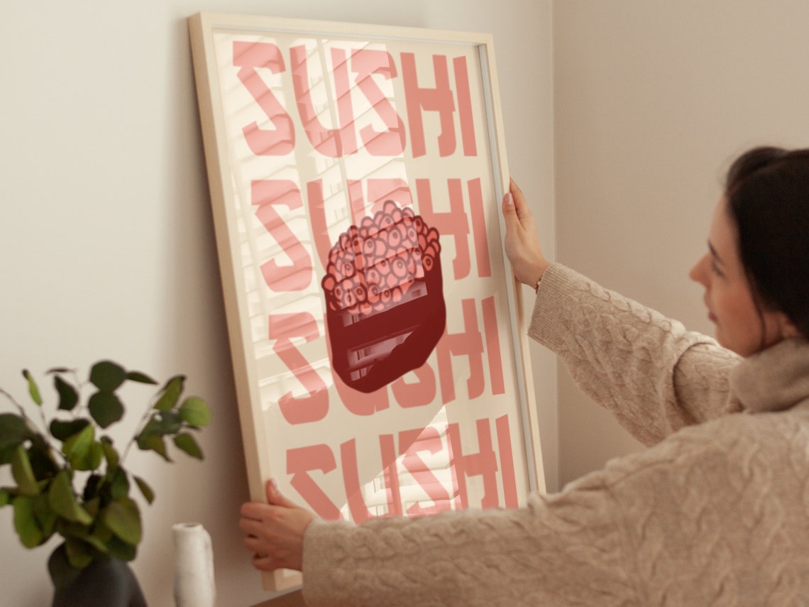 Salmon Roe Gunkan Sushi Retro Pink Typography Kitchen Wall Art - Image 4