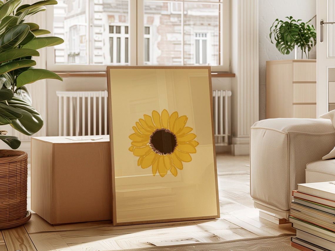 Single Sunflower Golden Bloom Cream Minimalist Botanical Wall Poster