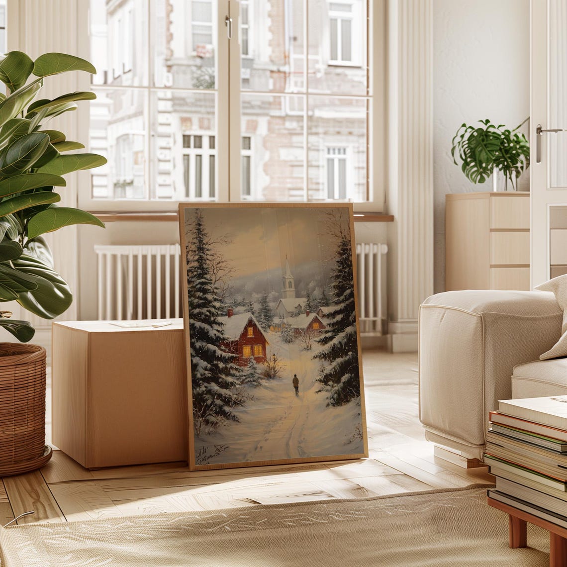 Snowy Village Christmas, Winter Cabin Scene Art Print - Image 3