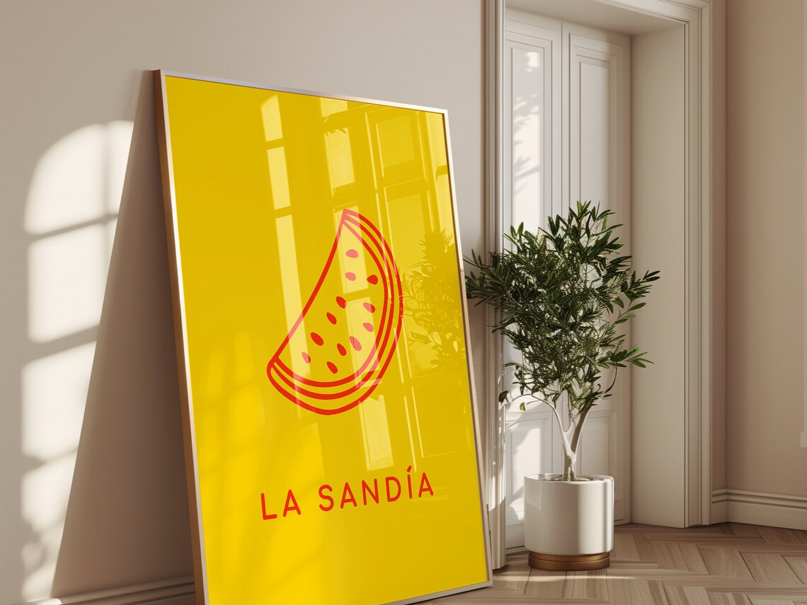 La Sandia Watermelon Line Art Mexican Loteria Bold Yellow Wall Print - Image 4