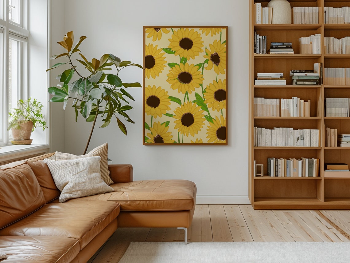 Cheerful Yellow Sunflower Field Pattern Ivory Botanical Poster - Image 2