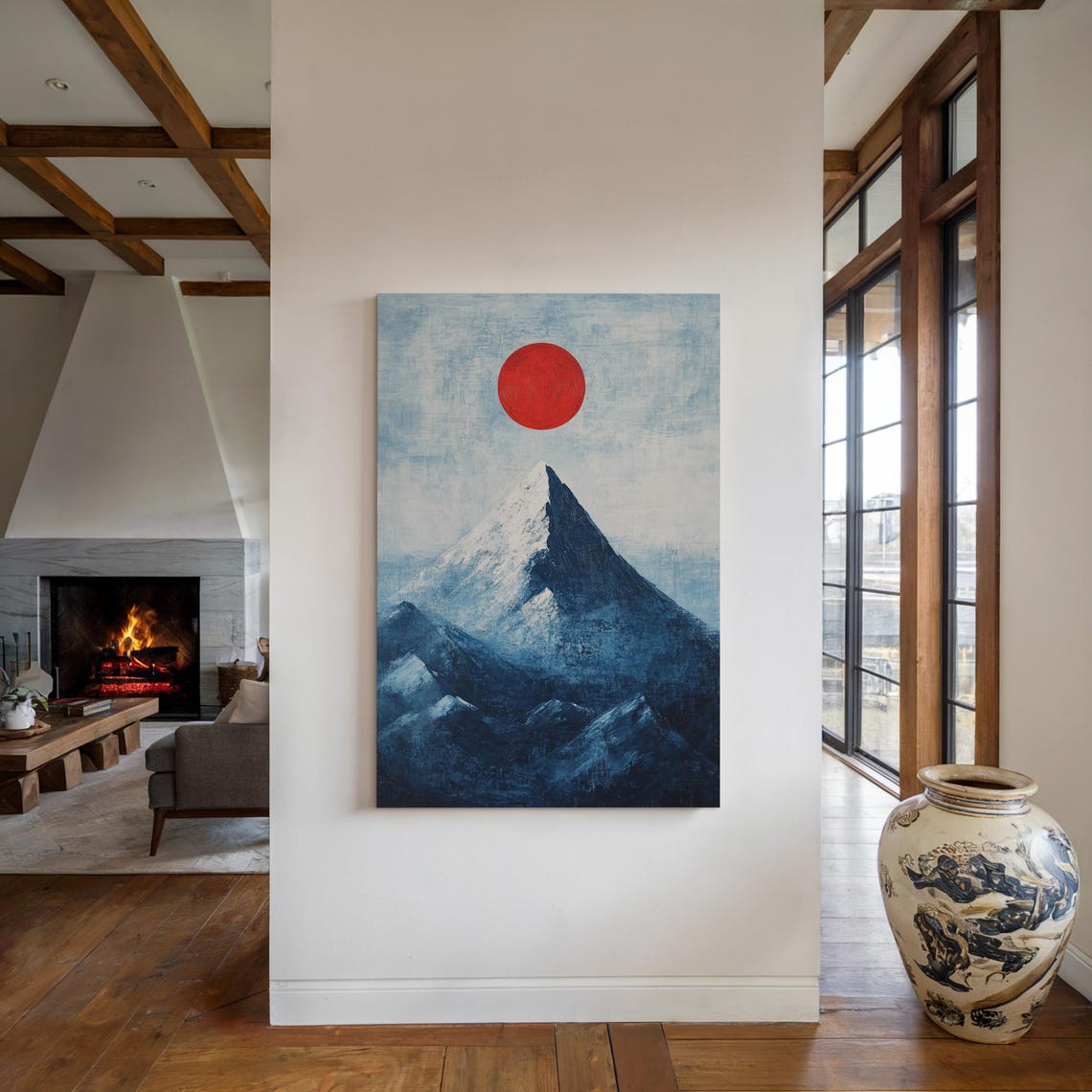 Snowy Mountain Peak With A Fiery Red Sun Against A Cool Blue Sky In Minimalist Abstract Style - Image 3