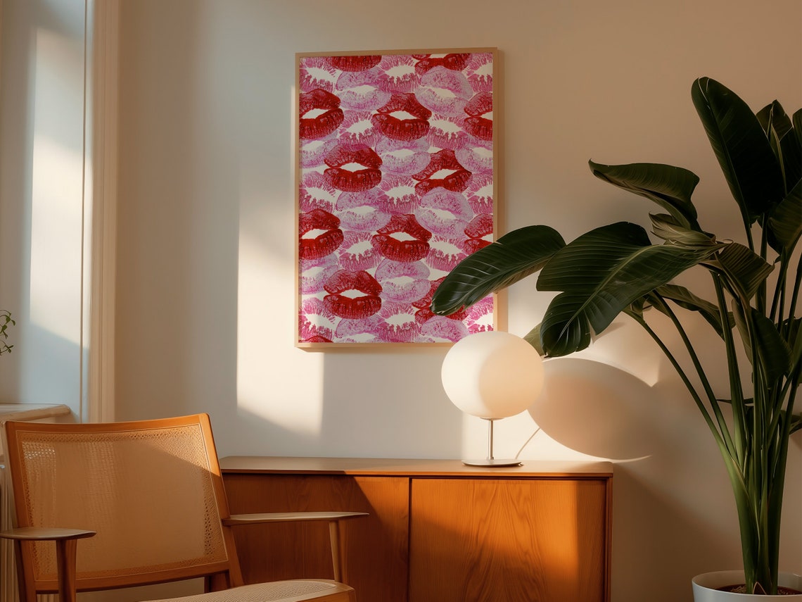 Red and Pink Lipstick Kiss Print Pattern Glam Beauty Wall Art Poster - Image 4