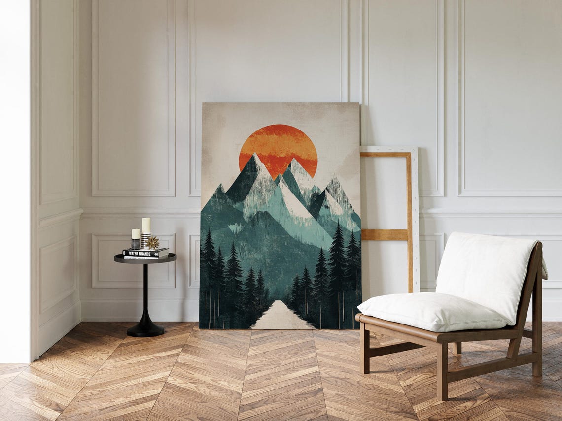 Retro Mountain Road Print Abstract Sunset Landscape Modern Nature Wall Art Rustic Adventure Decor Geometric Wilderness Poster - Image 4