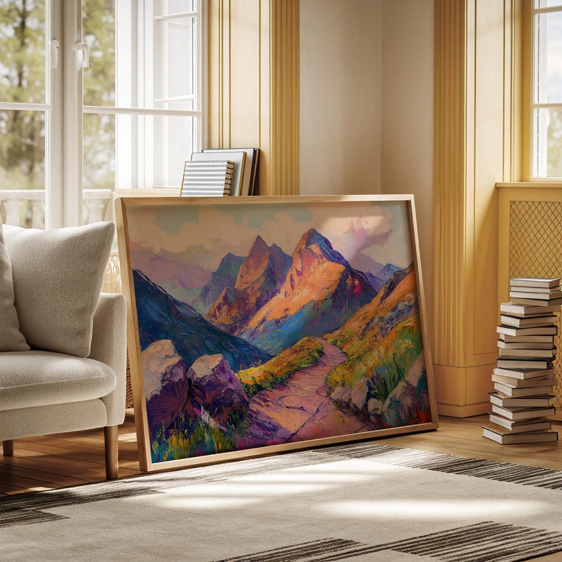 Vibrant Mountain Landscape Painting Textured Pathway With Colorful Peaks For Bold And Inspiring Wall Decor Print - Image 3