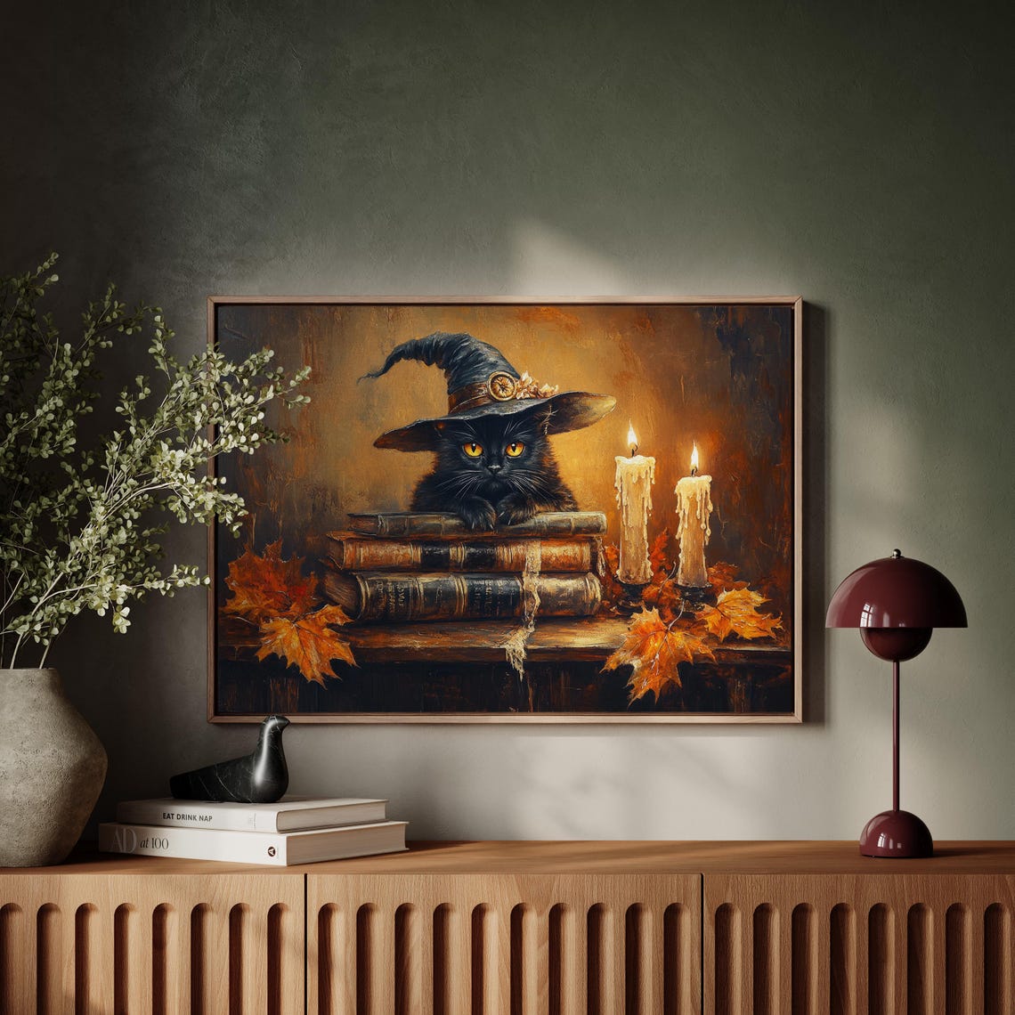 Witchy Black Cat Wizard Hat Books Candlelight Autumn Halloween Poster - Image 4