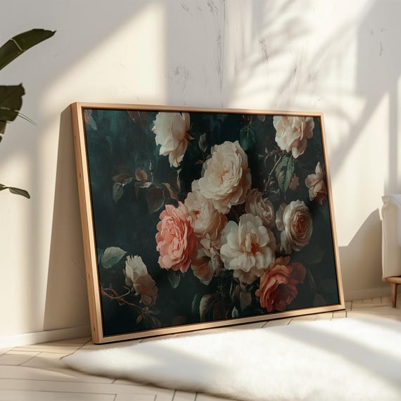 Vintage Rose Floral Art Dark Botanical Romantic Baroque Flower Print Elegant Still Life Painting Moody Wall Decor
