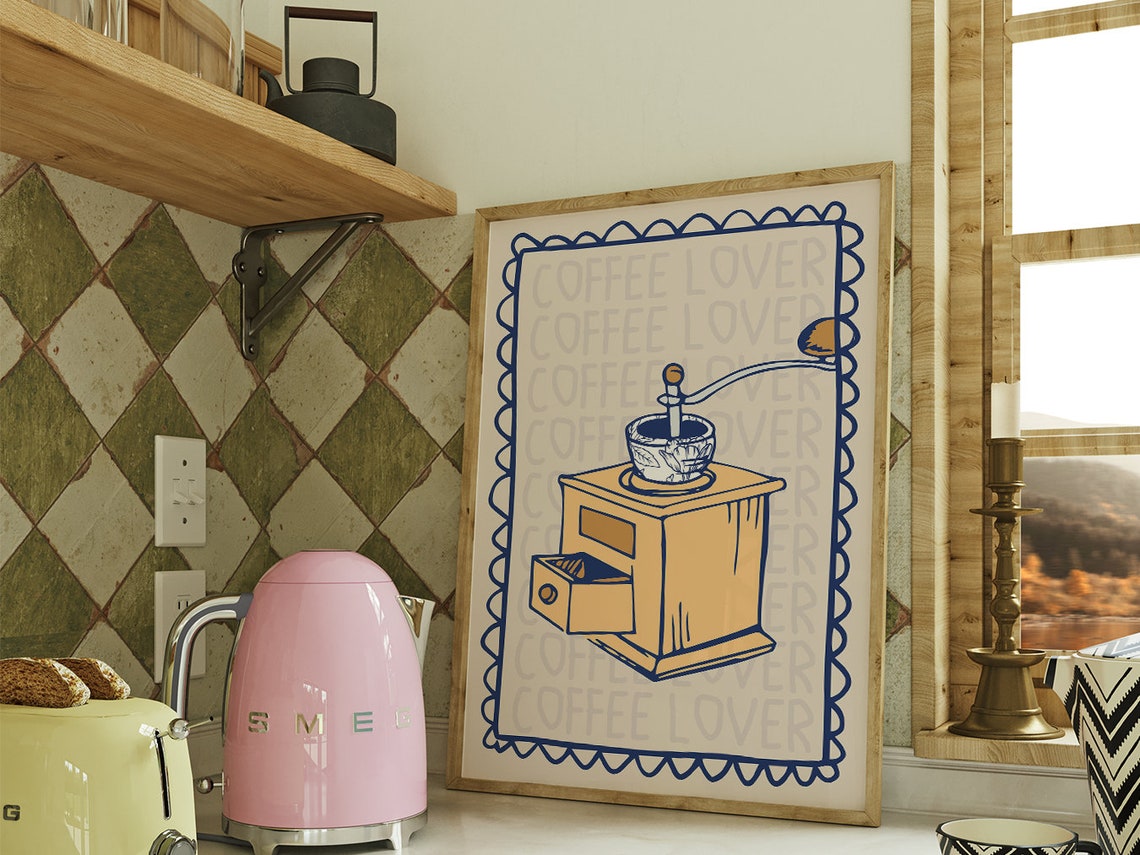 Coffee Lover Vintage Grinder Navy Line Art Kitchen Wall Poster - Image 4