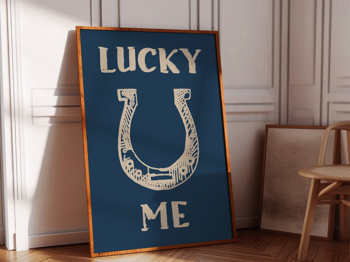 Lucky Me Horseshoe Navy Cream Western Typography Good Luck Poster