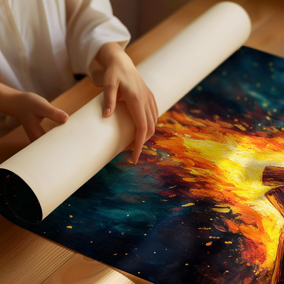 Cozy Campfire Night, Rustic Bonfire Painting - Image 3