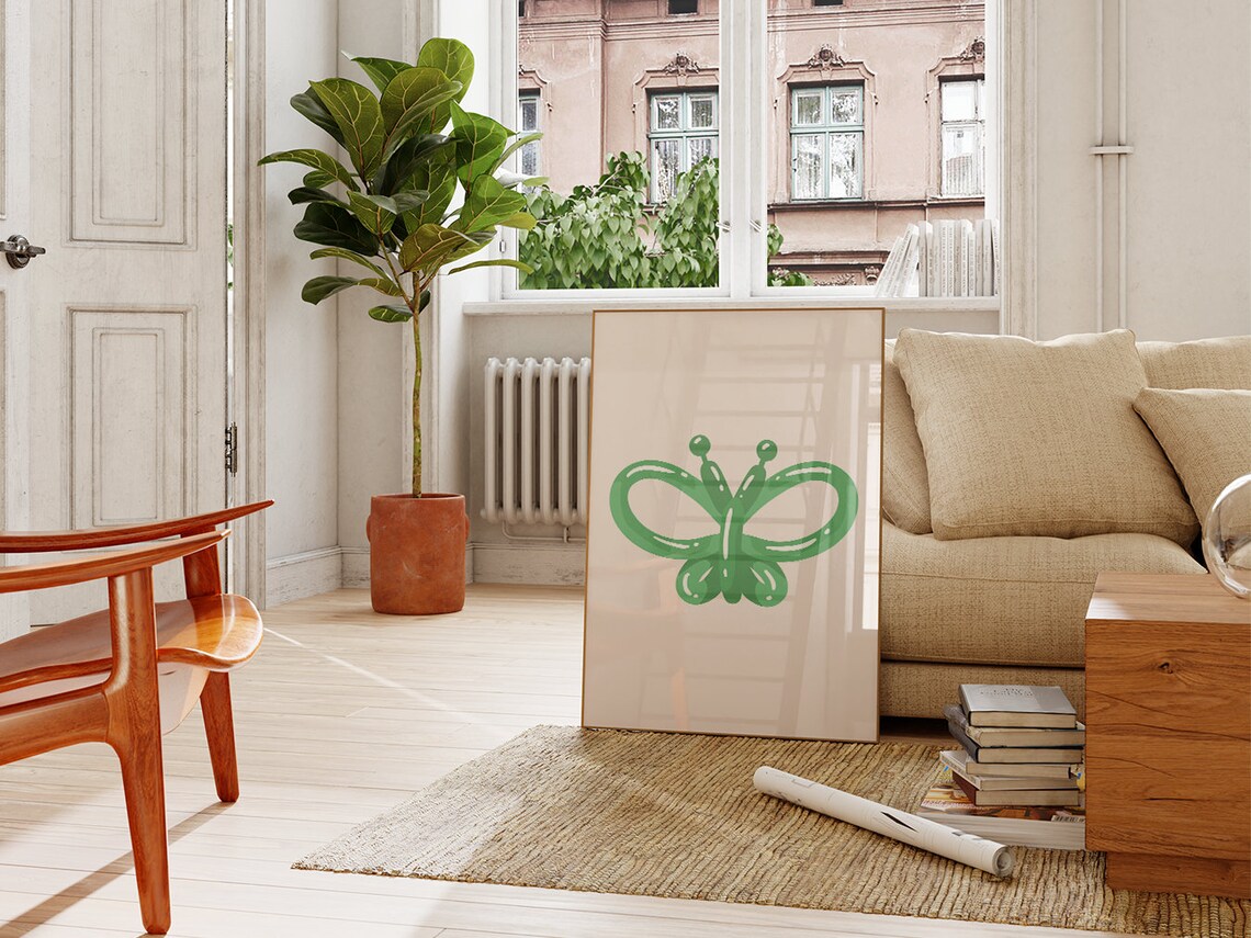 Bright Green Balloon Butterfly Minimalist Boho Kids Room Decor Poster - Image 4