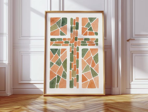 Geometric Mosaic Cross Watercolor Print Earth Tone Abstract Christian Art Modern Faith Wall Decor For Home Church Or Study