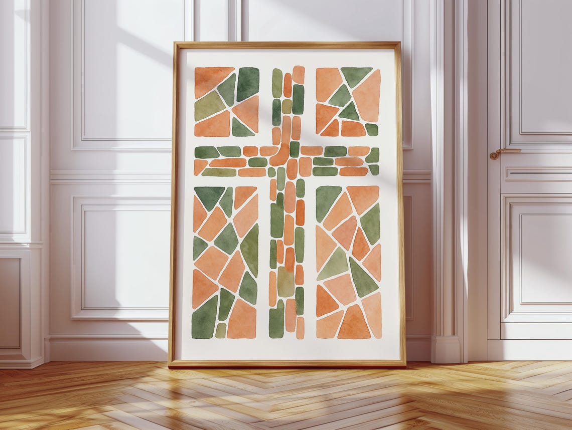 Geometric Mosaic Cross Watercolor Print Earth Tone Abstract Christian Art Modern Faith Wall Decor For Home Church Or Study