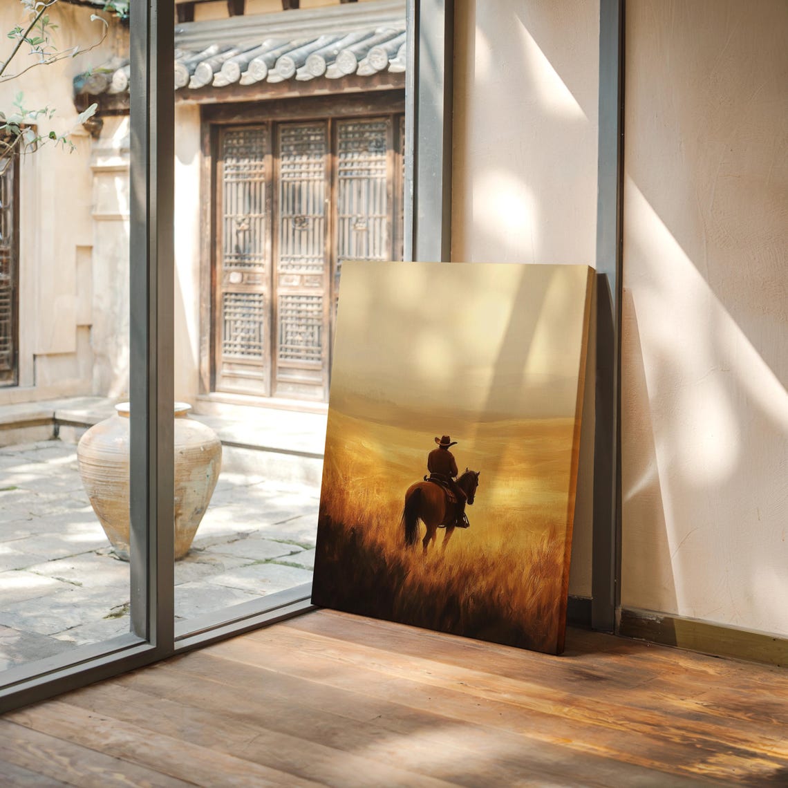 Lone Cowboy on Horseback Golden Prairie Sunset Western Ranch Poster - Image 3