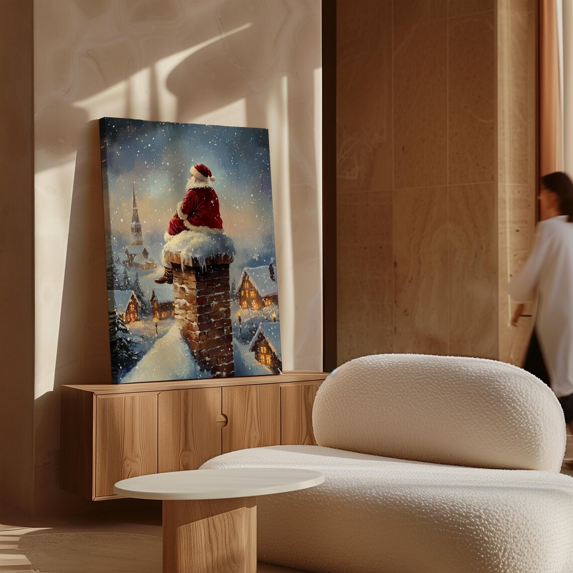 Santa Sitting On Snowy Chimney Above Glowing Village Christmas Poster - Image 3
