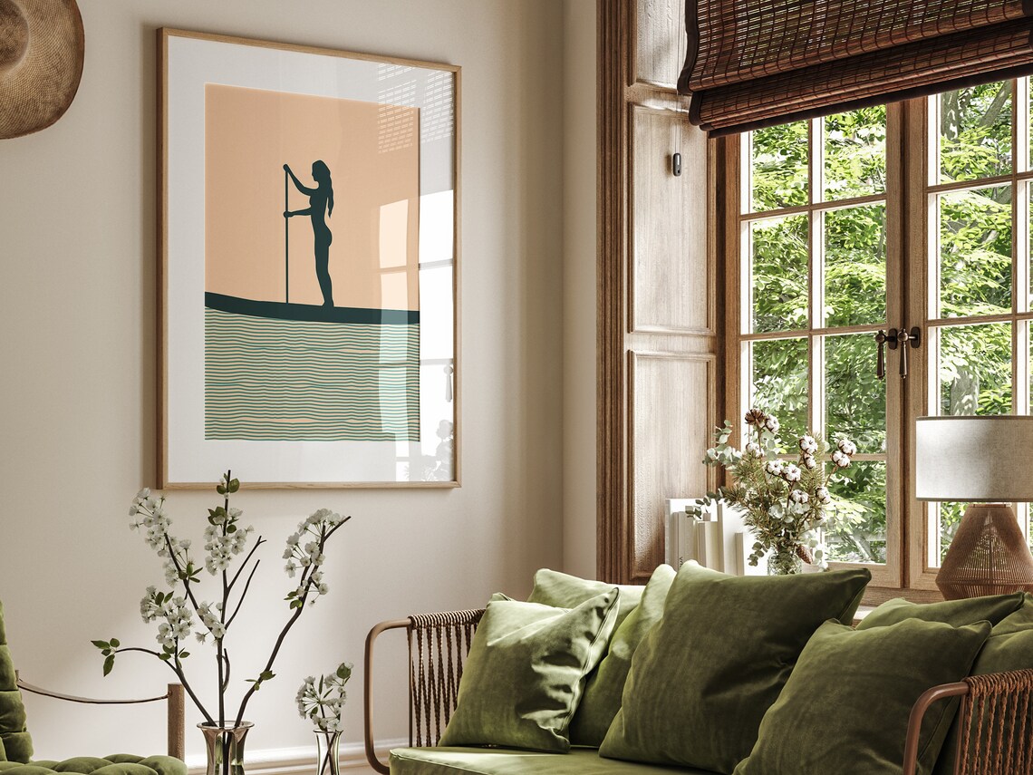 Boho Woman Paddleboard Dark Silhouette Blush Minimalist Sports Poster - Image 4