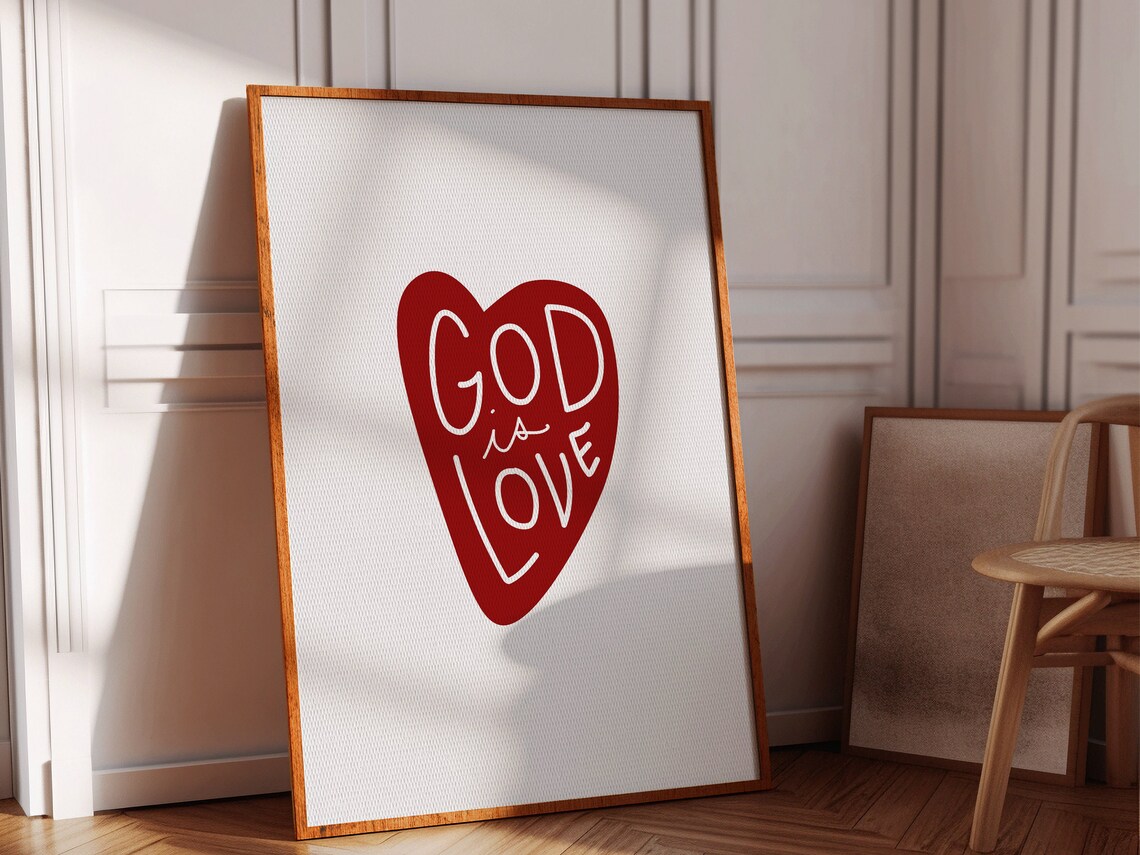 God Is Love Red Heart Hand Lettered White Christian Faith Poster