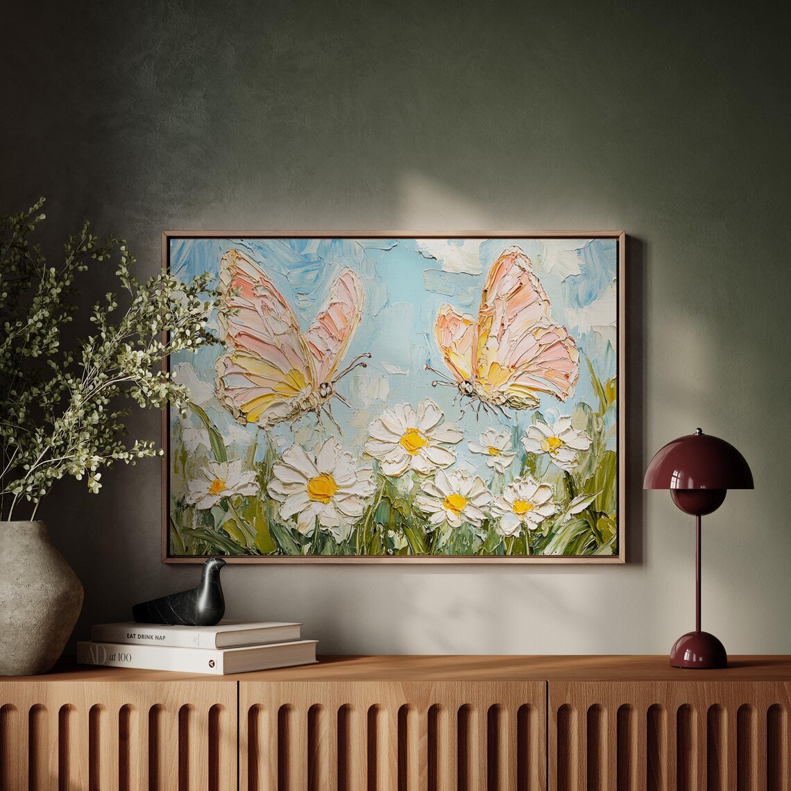 Peach Butterflies Over White Daisies Impasto Floral Painting Print - Image 2
