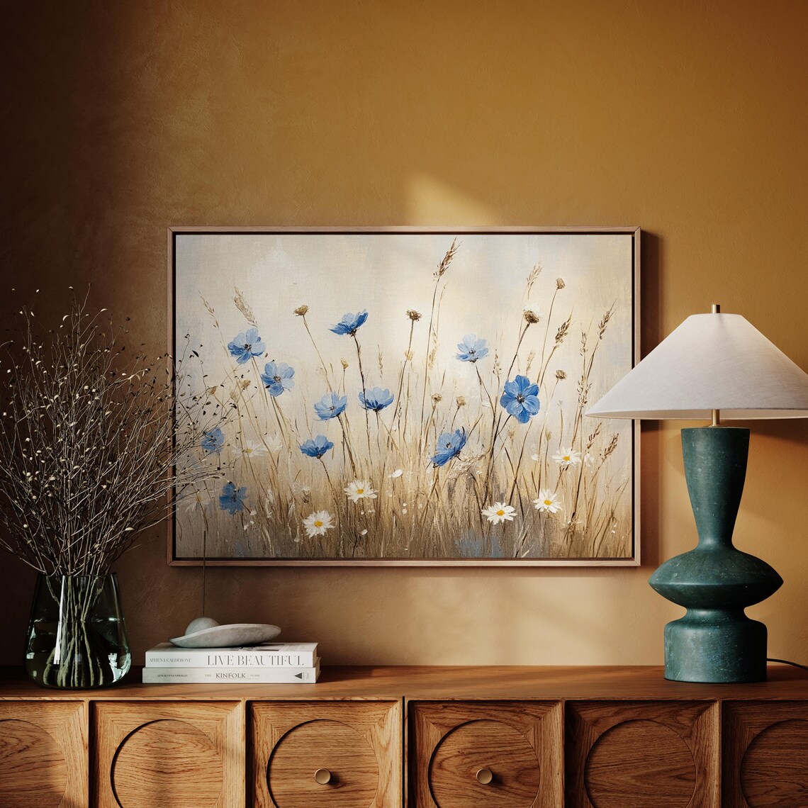 Blue Wildflowers In Golden Meadow Soft Beige Floral Wall Art - Image 2