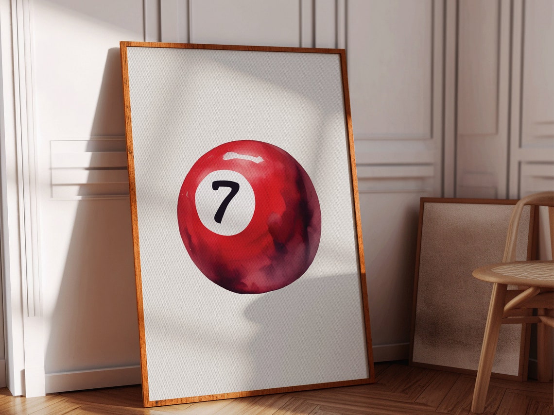 Red Lucky Number 7 Pool Ball Watercolor Retro Billiards Art Poster