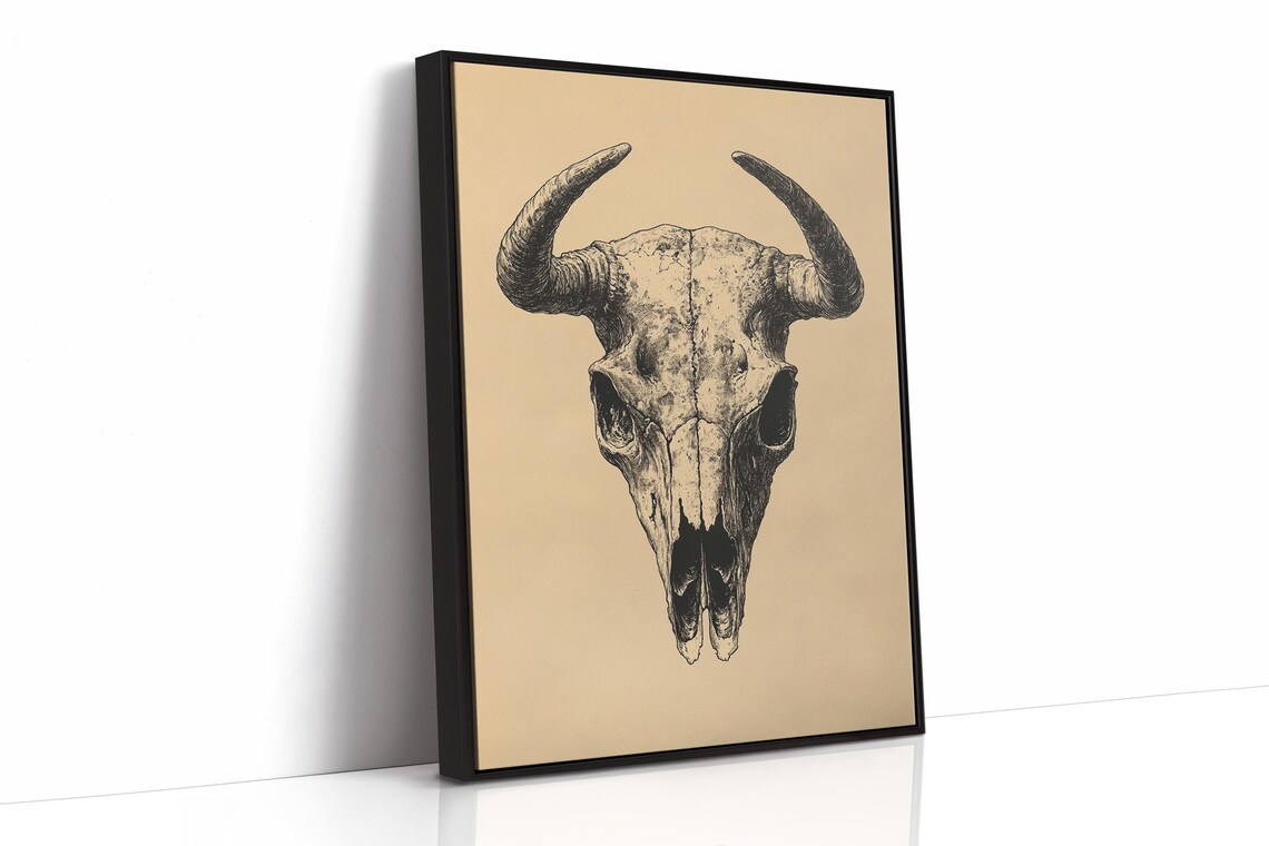 Rustic Buffalo Skull With Long Horns Western Ink Illustration Poster - Image 5