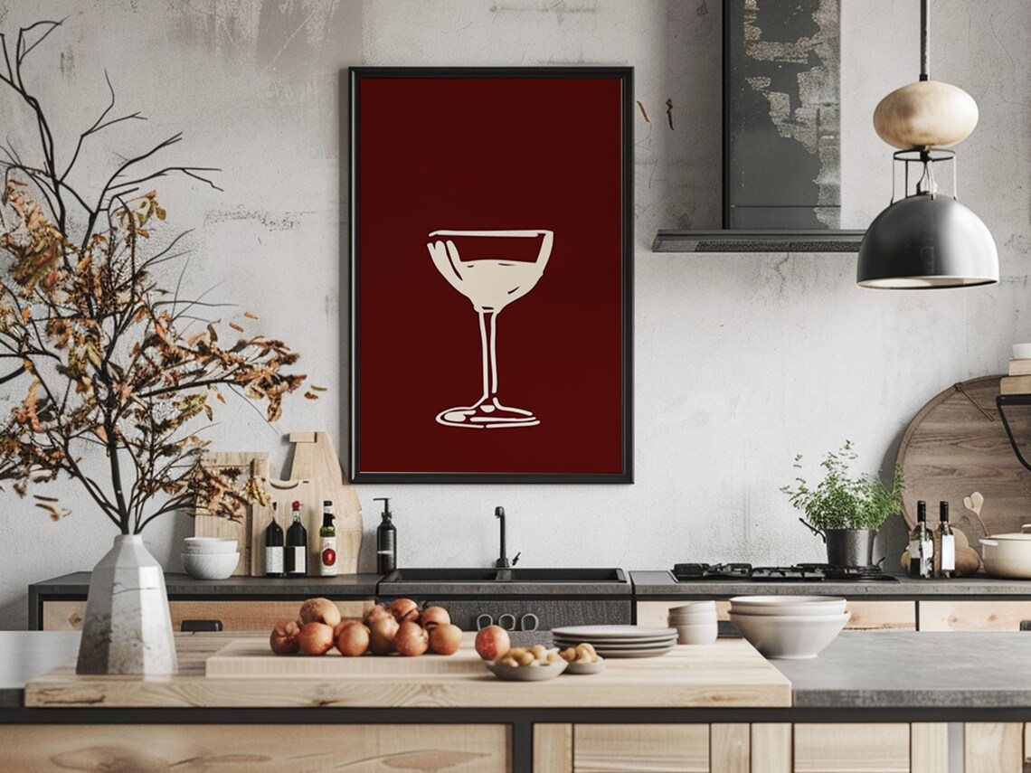 Cream Coupe Cocktail Glass Deep Burgundy Minimalist Bar Art Poster - Image 2