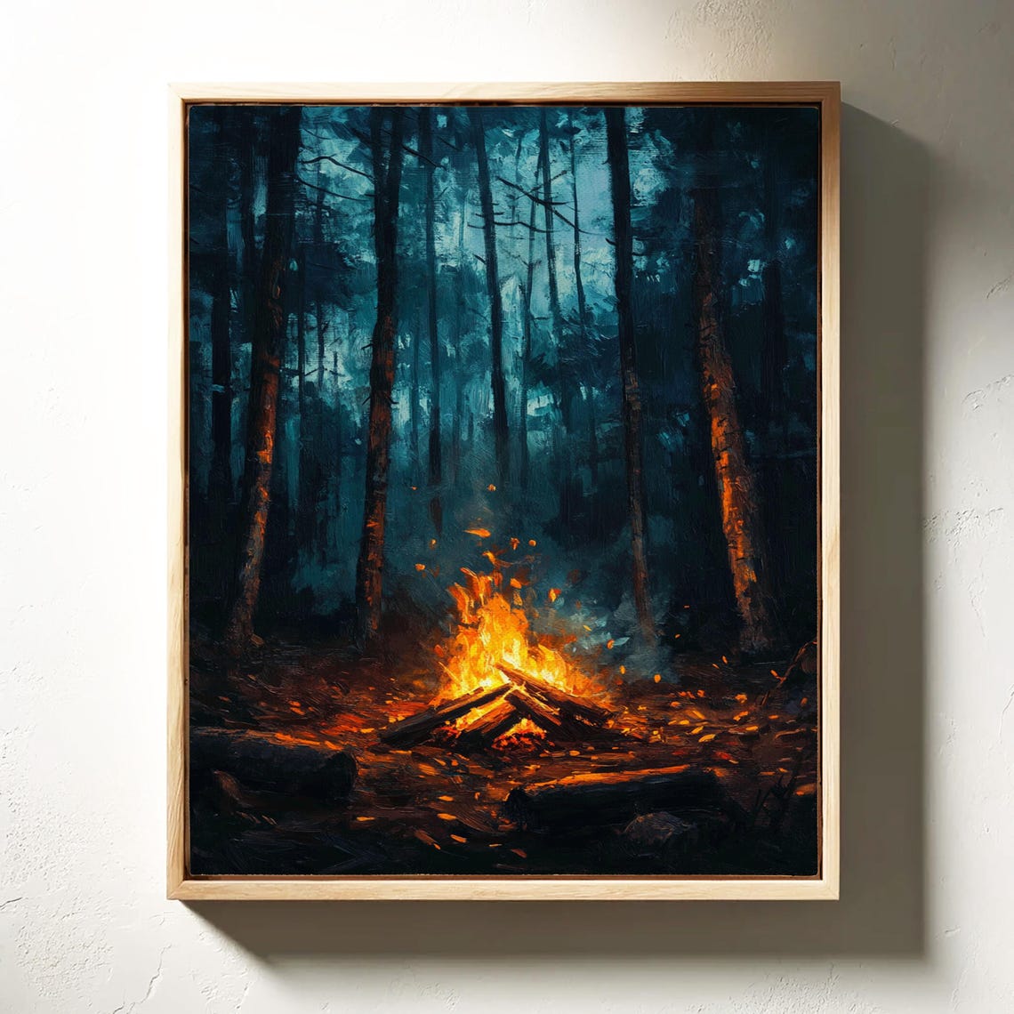 Cozy Campfire Forest Print Moody Night Wilderness Art Rustic Adventure Scene Warm Firelight Glow Outdoor Nature Wall Decor - Image 2