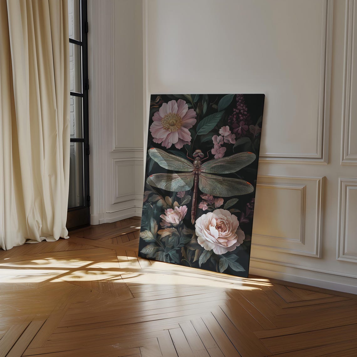 Dragonfly Rose Floral Botanical Dark Elegant Garden Insect Wall Poster - Image 3