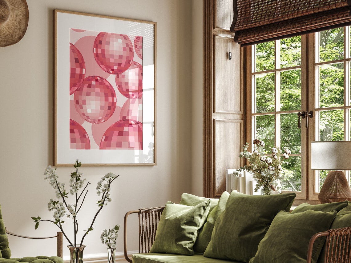 Pink Disco Ball Pattern Retro Party Celebration Fun Pop Wall Art - Image 2