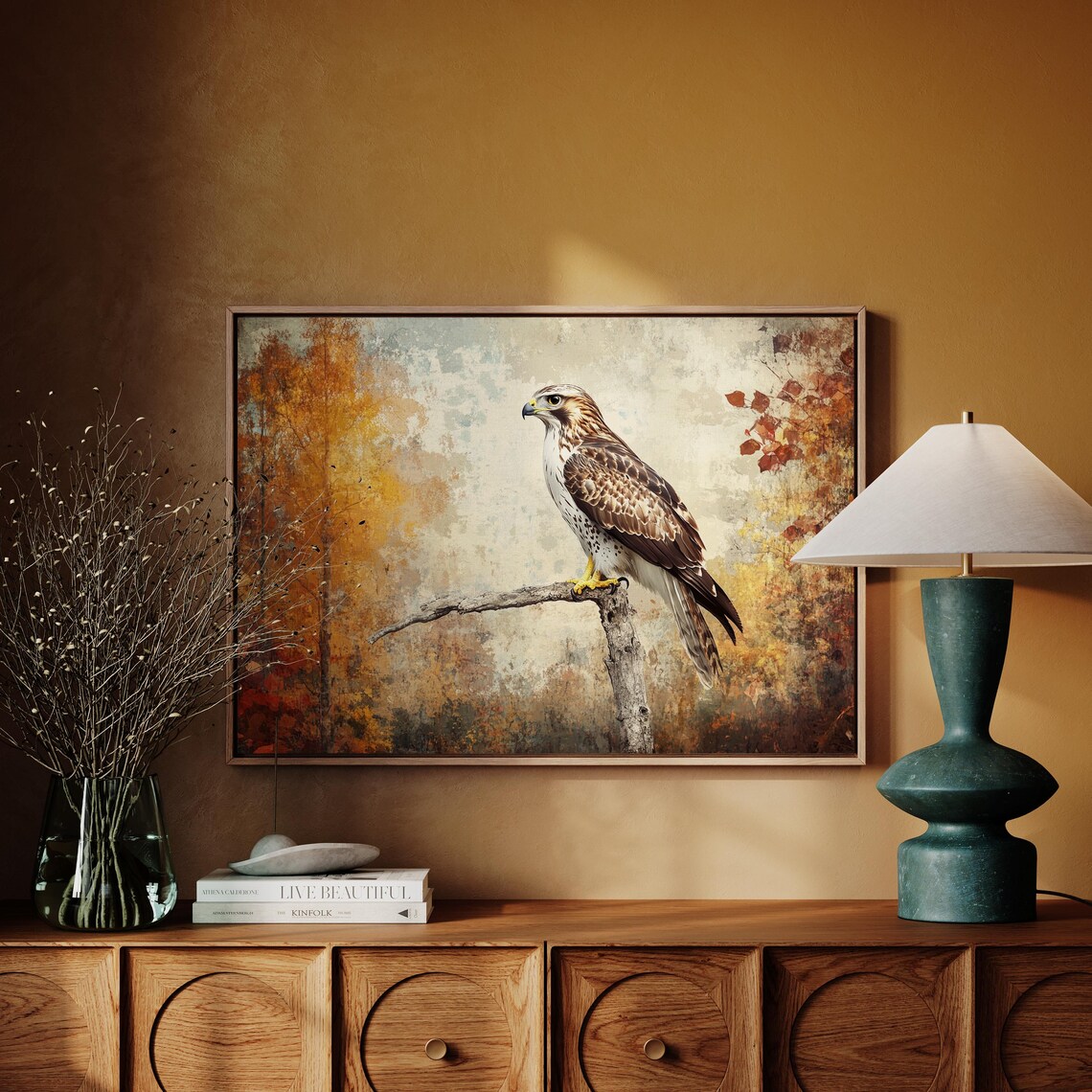 Regal Hawk Perched on Branch, Rustic Autumn Wildlife Art Print - Image 3