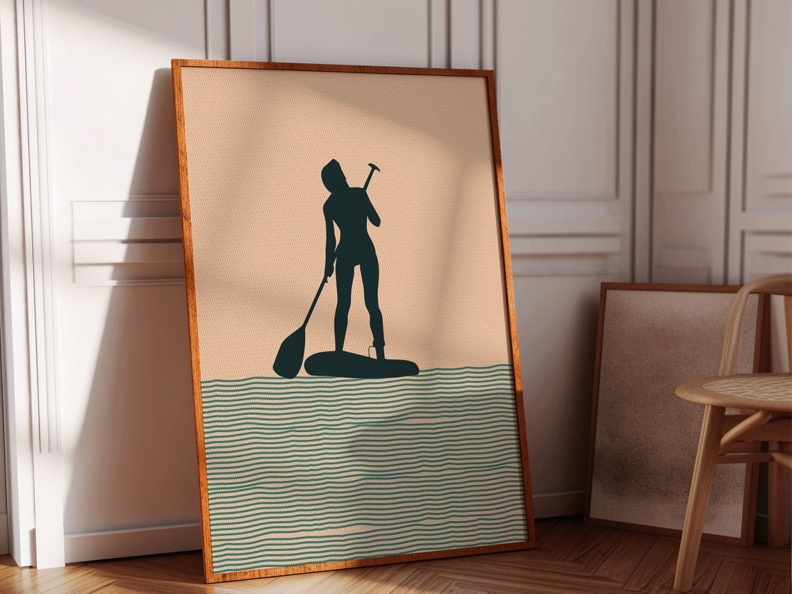 Paddle Board Woman Silhouette Boho Beige Minimalist Ocean Wall Poster