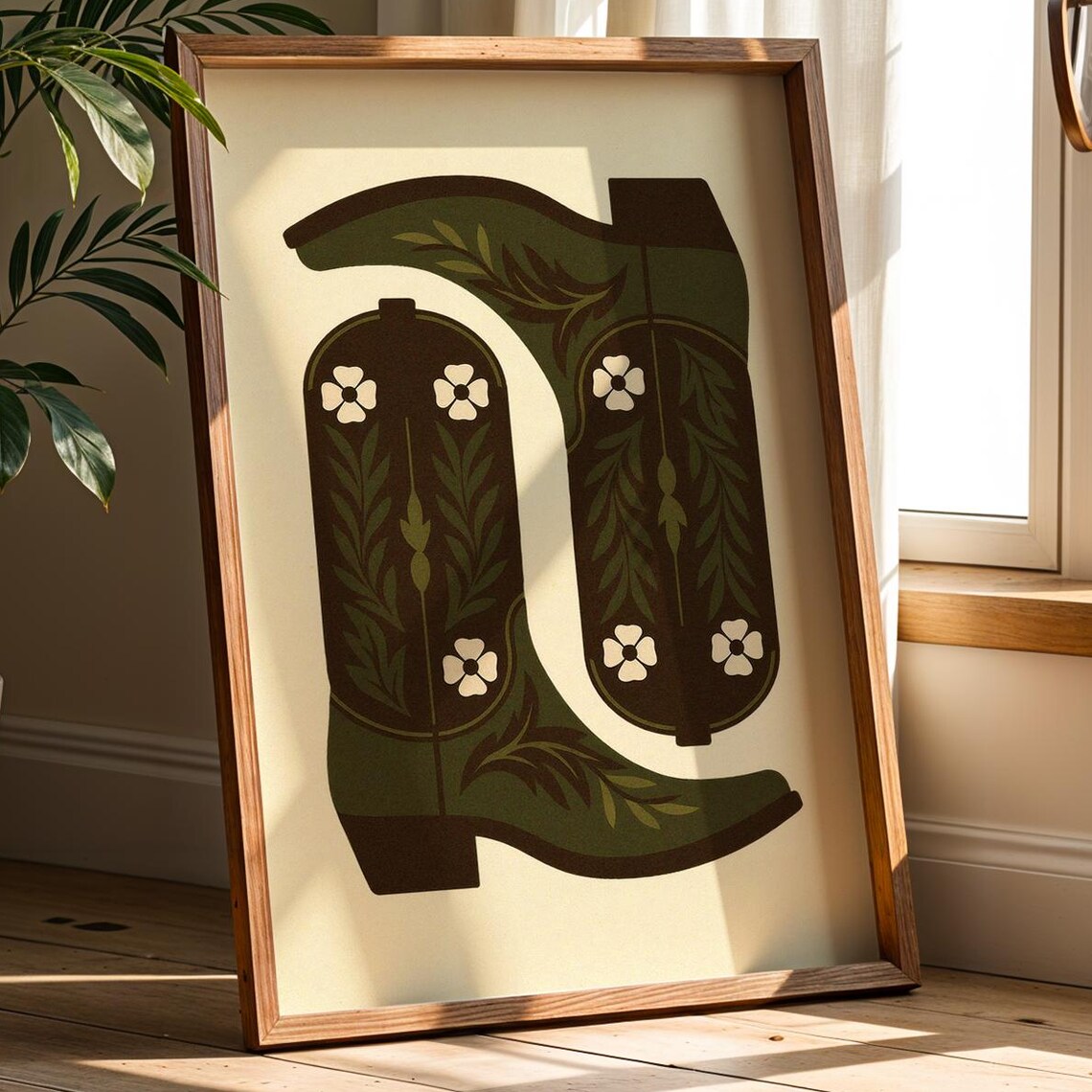 Green Floral Embroidered Cowboy Boots Western Folk Art Country Poster