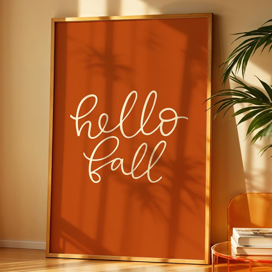 Hello Fall Burnt Orange Hand Lettered Seasonal Typography Poster