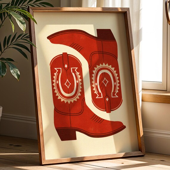 Red Cowboy Boots Horseshoe Motif Western Rodeo Folk Art Poster