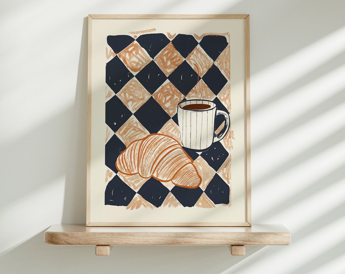 Retro Croissant and Coffee Cup on Checkered Kitchen Art Poster - Image 3
