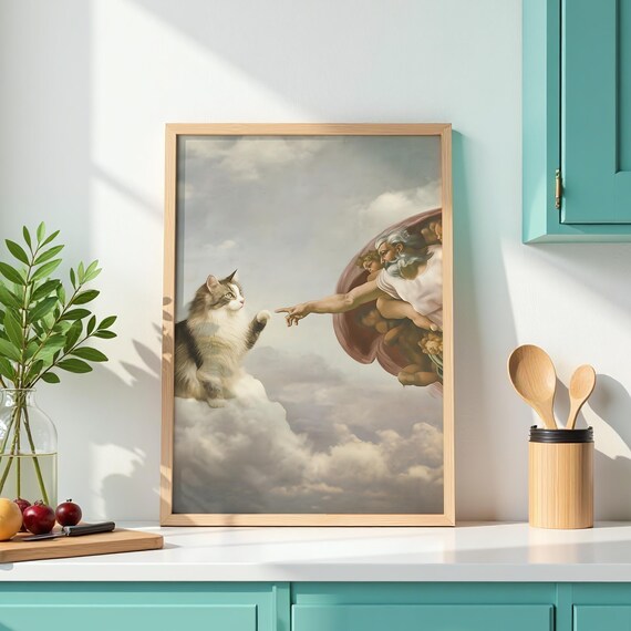 Creation Of Adam Cat Poster Meme Parody Decor Funny Animal Fine Art Print Classical Themed Gifts Gallery Wall