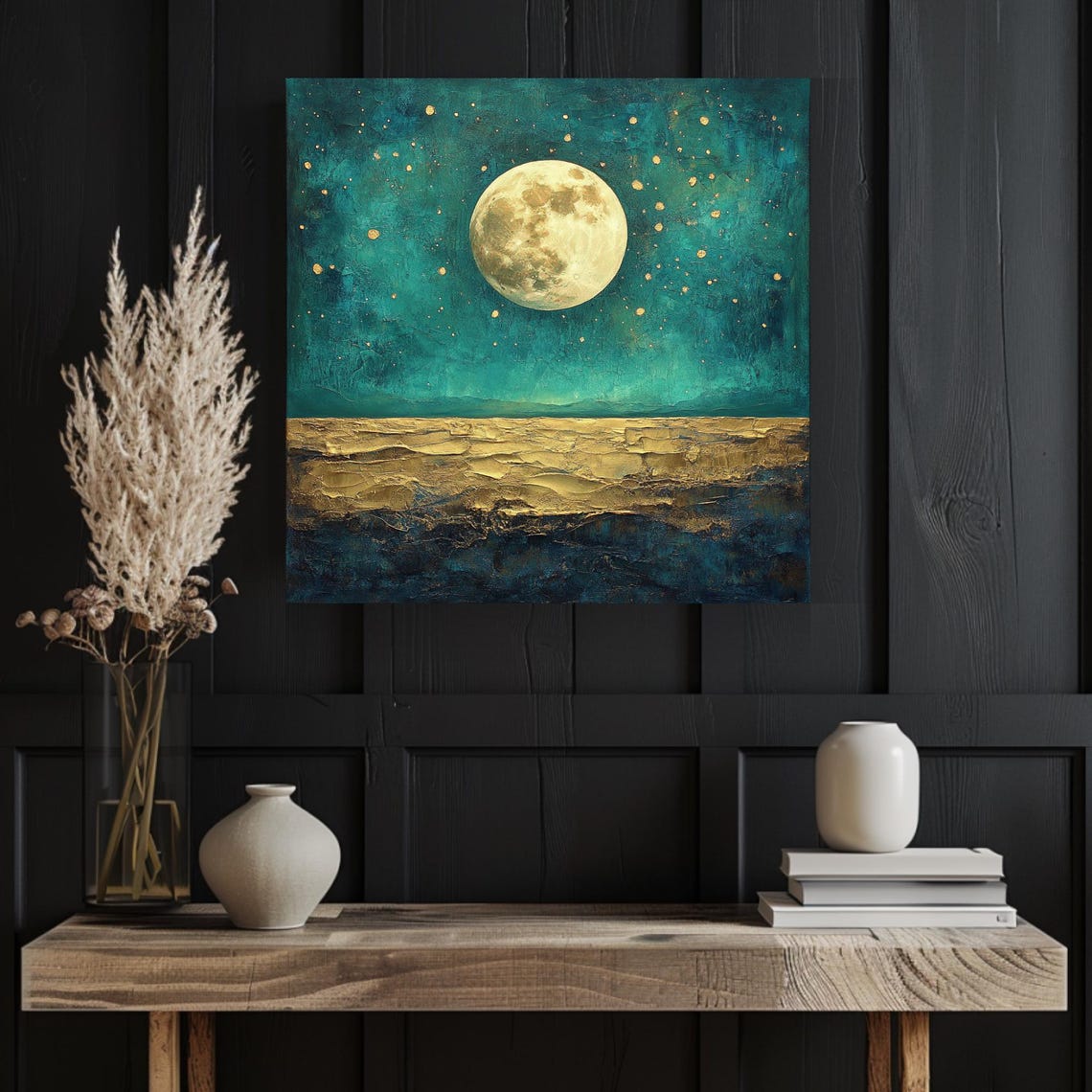 Golden Full Moon Rising Over Teal Sea Abstract Ocean Night Art Poster - Image 5