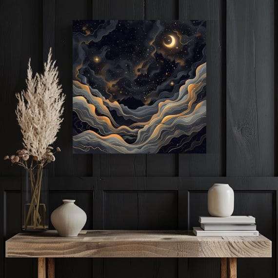 Moody Black And Gold Celestial Dark Mystical Night Sky Art Square Wall Decor Mystical Celestial Living Room Ready To Hang