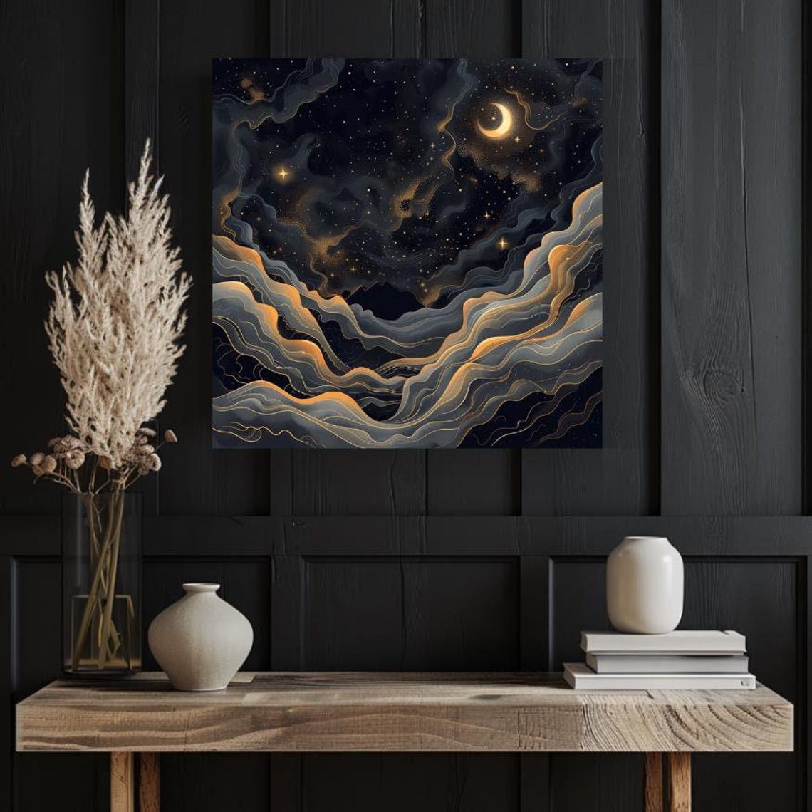 Black And Gold Abstract Night Sky With Crescent Moon Clouds Poster